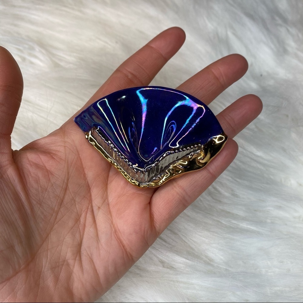 Handmade Painted Ceramic Iridescent Ruffle Brooch Pin Blue Purple Gold Silver
